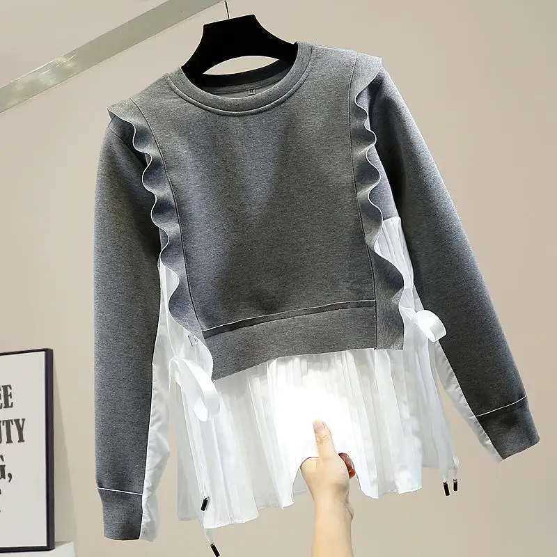 

Женский свободный пуловер с плиссированным подолом, Повседневный свитер с длинным рукавом и круглым вырезом, со складками, с контрастными р...