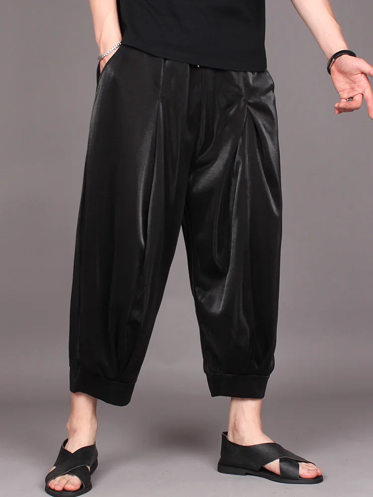 

Men's Casual Pants Spring And Autumn New Solid Color Black Bright Fabric Loose Nine-Inch Wide Leg Pants Fashion Straight Pants