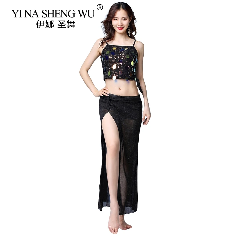 Pink Belly Dancing Suit Female New Sequins Sexy Sling Dance Practice Costumes Black Oriental 2Pcs Set | Тематическая одежда и