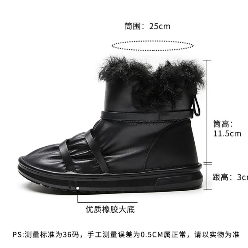 

White Real Fur Snow Boots Women Round Toe Bandage Black Real Leather Wool Flat Botas De Mujer Fashion Winter Ankle Boots