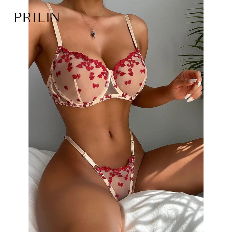 

PRILIN Женские сексуальные комплекты нижнего белья прозрачные красные сердца регулируемые бретельки Бюстгальтеры на косточках прозрачные се...