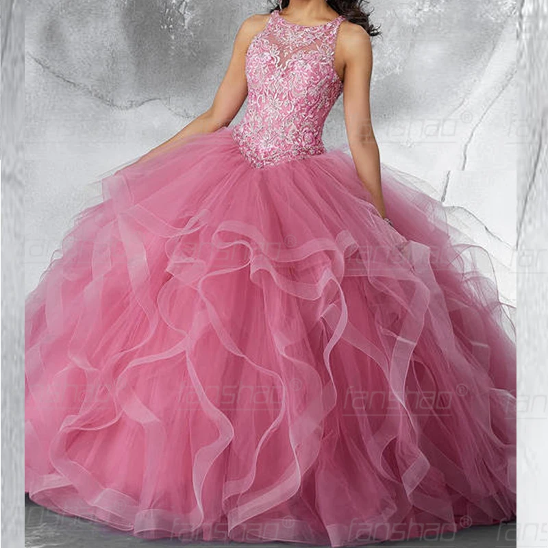 Розовый шар Бальные платья Slilver аппликации Бисер с блестками Многоярусное