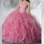 Розовый шар Бальные платья Slilver аппликации Бисер с блестками Многоярусное; Стильное платье без рукавов с овальным вырезом Vestido De Fiesta, на шнуровке