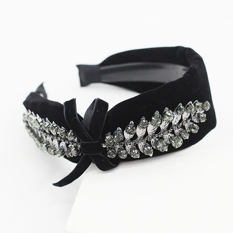 

Bow Velvet Headwear Wide Brimmed Bowknot Head Hoop Leaves Shaped Rhinestones Hair Hoop Crystal Luxury Women Hair Accessories