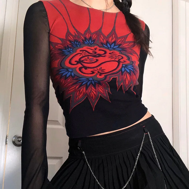 

Женская футболка с принтом в готическом стиле, облегающий кроп-топ в стиле Харадзюку, Y2K, 2021