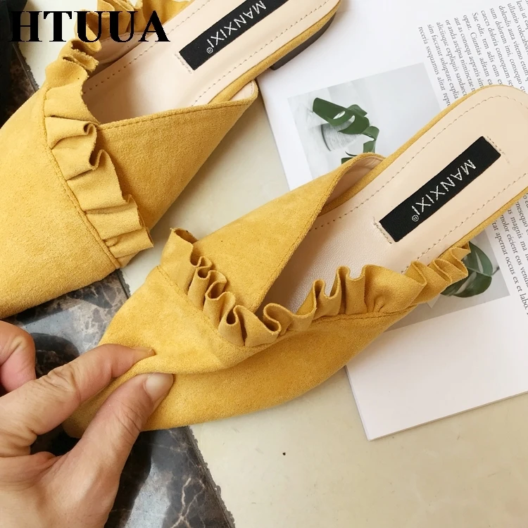HTUUA/высококачественные Мягкие Шлепанцы из флока; женские туфли без задника; сезон весна-лето-осень; женская обувь; шлепанцы на плоской подошве; SX1311