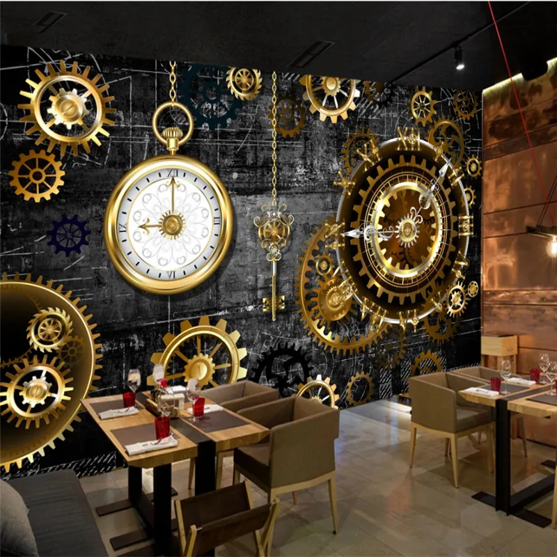 

Европейская и американская 3D Ретро промышленная ветровая декорация золотые настенные часы настенная 3D Бумага для бара кафе ресторана KTV на...