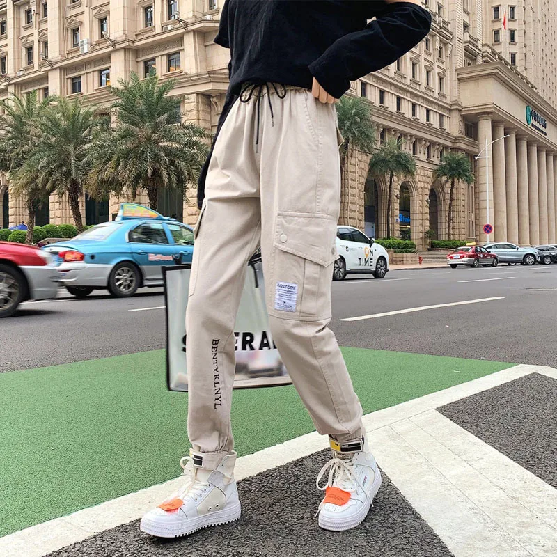 

Для женщин с Кулиской брюки карго Женская мода с эластичной резинкой на талии уличная штаны размера плюс, Женские Повседневные Дышащие Брюк...