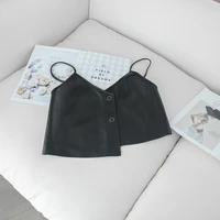 women streetwear black real sheepskin leather tank kawaii sexy crop top 2020 fashion womens clothing