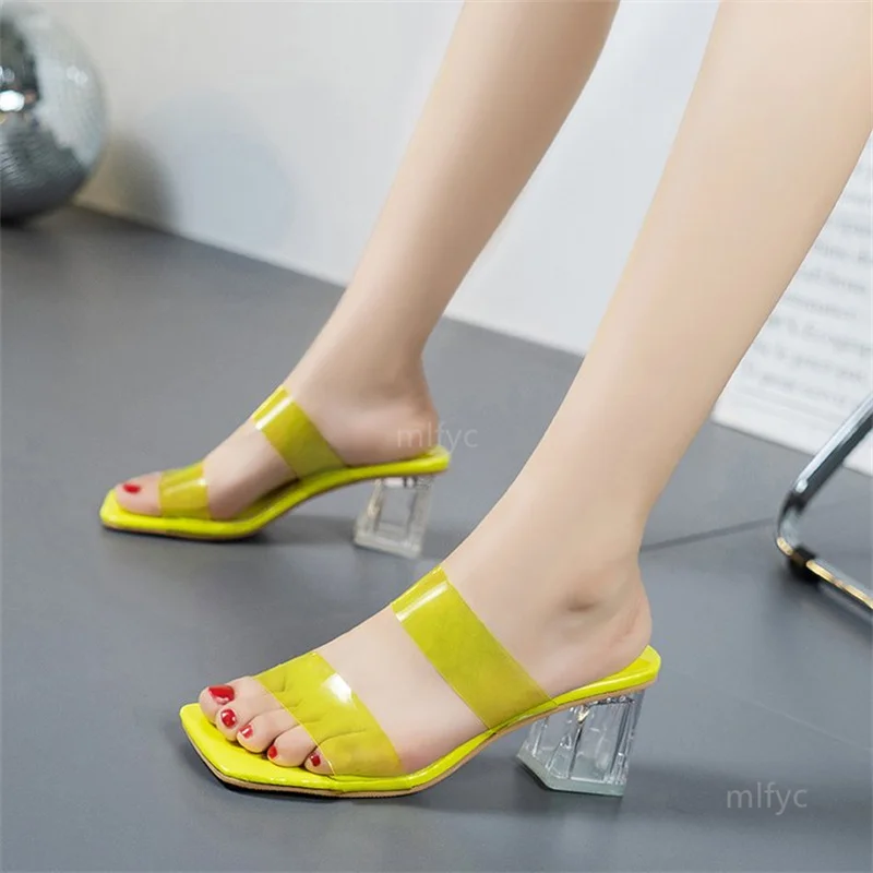 

2021 summer new transparent sandals and slippers women's square head thick with fairy style word high-heeled Roman women's shoes