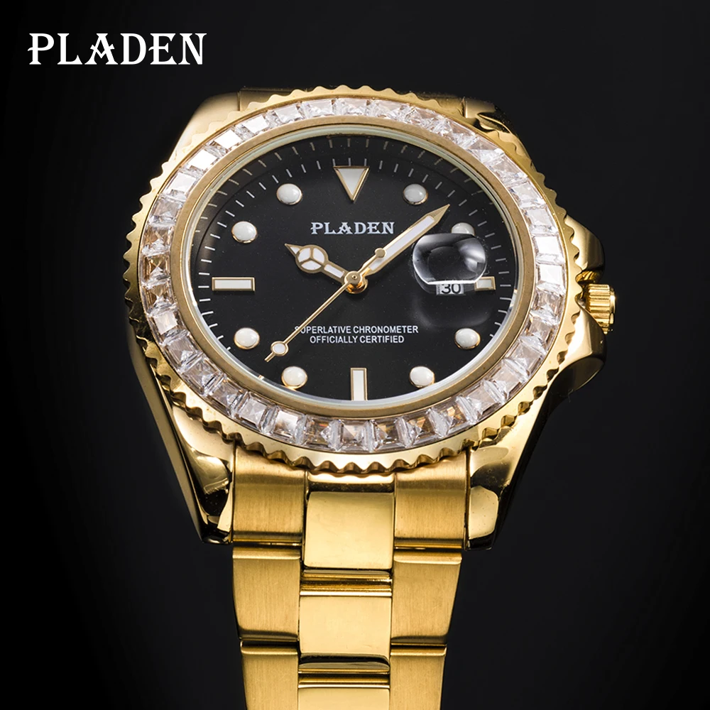 PLADEN Mens Watches Baguette Diamond Trend Quartz Stainless Steel Wristwatches Clock Autoamtic Date Men Gift Relojes De Hombre