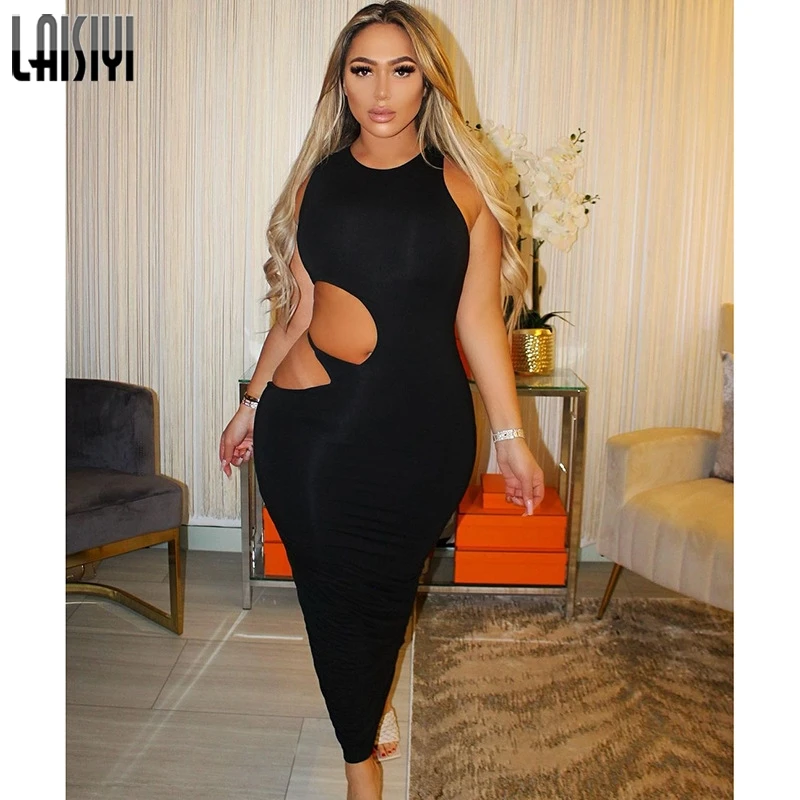 

LAISIYI Sleeveless Bodycon Maxi Dress For Women Side Hollow Out Midnight Club Outfits Solid Hot Summer 2021 Party Dresses Slim
