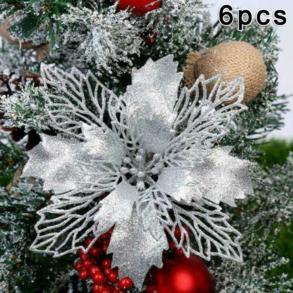 1 Набор из 6 больших блестящих серебряных украшений для новогодней елки 16 см