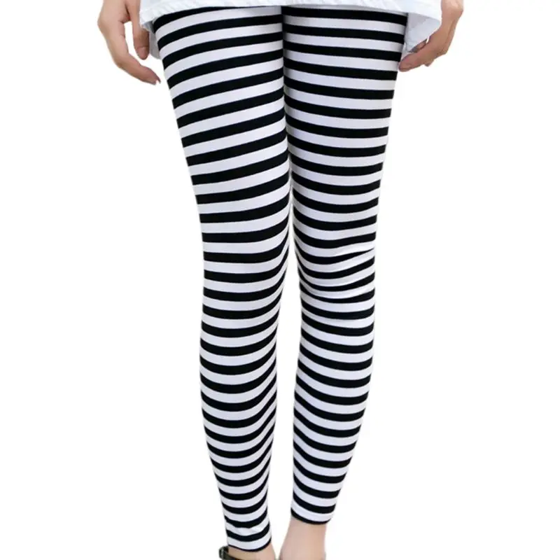 

Womens Autumn Ankle Length Skinny Leggings Black White Horizontal Striped Printing Pencil Pants Stretch Casual Tights