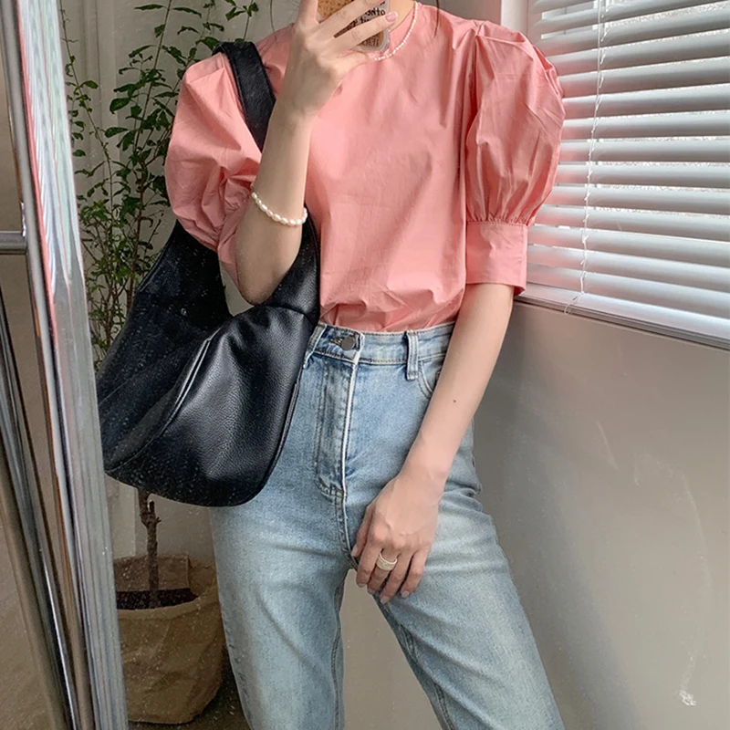 

Blouse Women Korean Style Ruff Sleeve O-neck Soft Cotton Loose Sweet Blouses Summer Elegant Cute Shirt Tops Blusas De Mujer