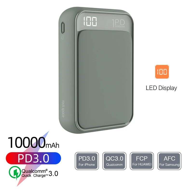 ROCK Mini power Bank 10000 мАч светодиодный QC3.0 PD Быстрая зарядка портативный внешний аккумулятор зарядное устройство повербанк для Xiaomi - Цвет: Green