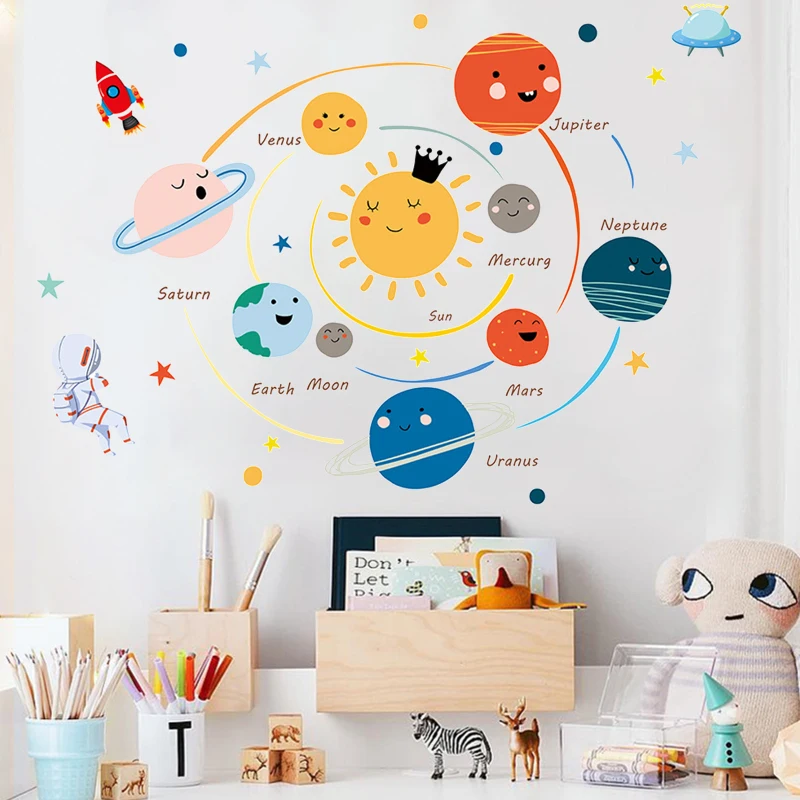 

Colourful Solar System Wall Stickers Boy Kids Room Decor Stars Outer Space Planets Earth Sun Saturn Mars Art Cartoon Decals