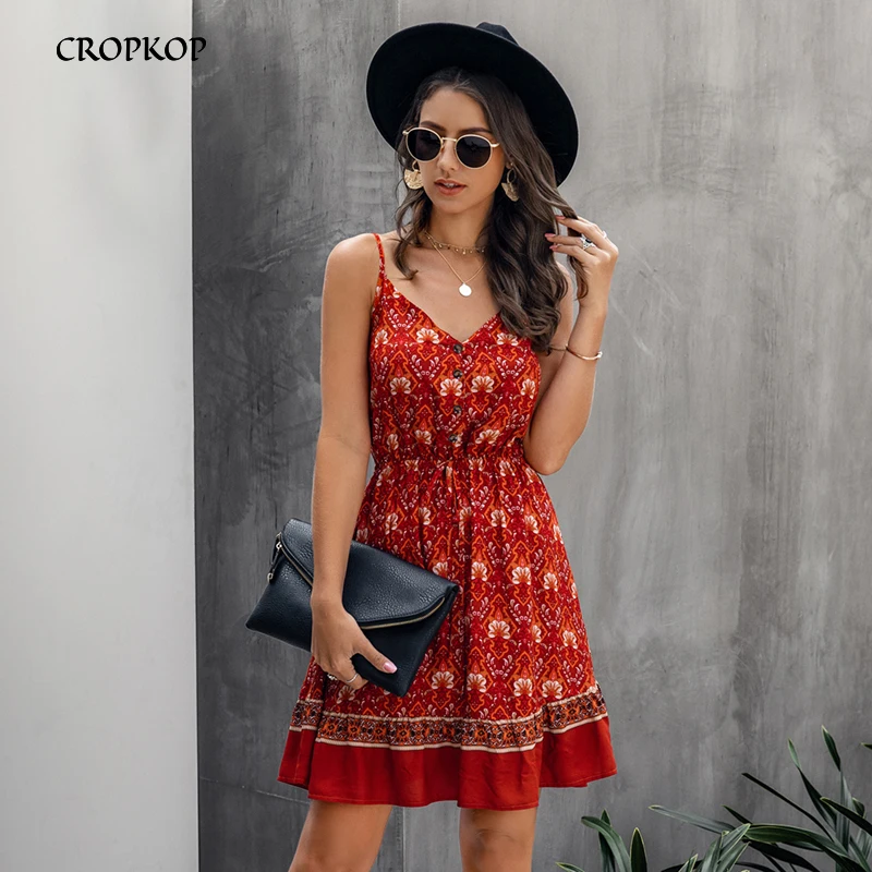 

Summer Women Floral Dress Buttons Cotton Mini Sundress Fashion Beach Sexy Sleevees Clothes 2020 Halter Dress For Women Red