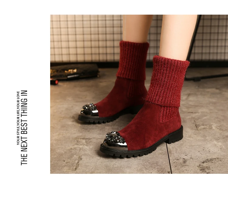 Botas Mujer; зимние вязаные сапоги; женские сапоги до середины икры; Bota Feminina; обувь со стразами; женские эластичные сапоги; Botines Mujer; коллекция года; Zapatos De Mujer