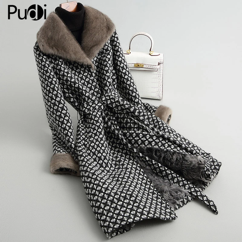 

Pudi Women Real Fur Coat Jacket Winter Warm Wool Blends With Sheep Fur Lining Mink Fur Collar Female Overcoats A38222