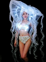 led crystals bra hat sexy white pearls bikini women costume nightclub bar stage outfits model catwalk dj performance dance wear