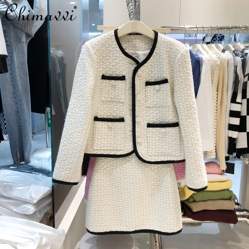 

Korean Fashion Women's Clothing 2-Piece Set 2021 Autumn Winter O-Neck Long Sleeve Tweed Coat A- Line Short Skirt Elegant Outfit