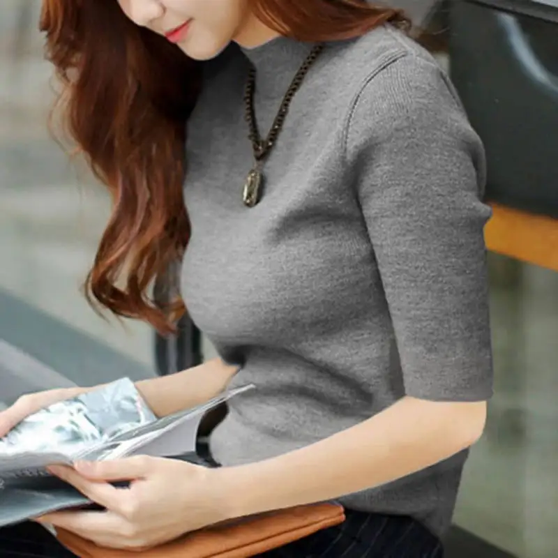 

Korean style knitted blouse new autumn and winter slim-fitting half-high collar five-point sleeve bottoming shirt P3 1083