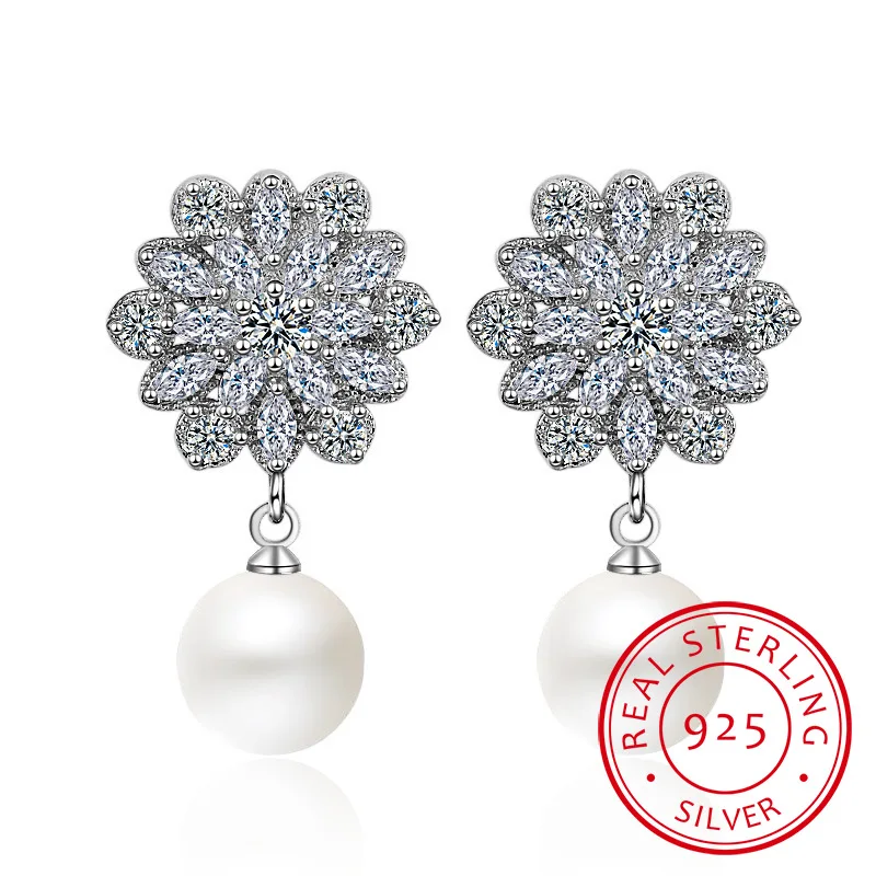 

Classic 925 Sterling Silver Drop Earring For Women Fine Freshwater Pearl Zirconia Pendant Earring Crystal Wedding Gift