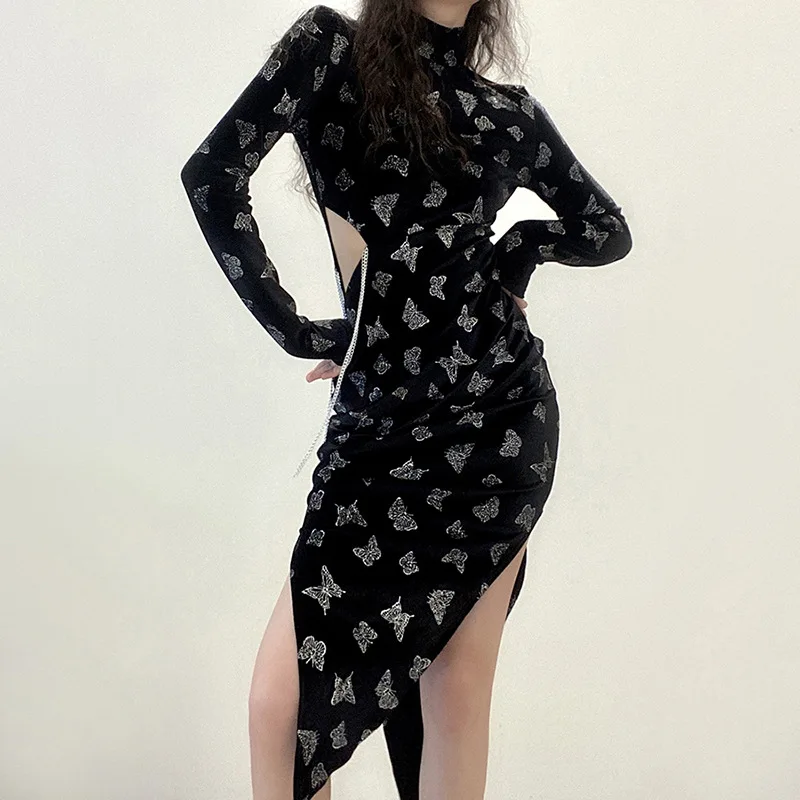 

2020 Spring and Autumn New y2k Women's Sexy Party Slim Butterfly Print Velvet Hollow Irregular Women's Dress