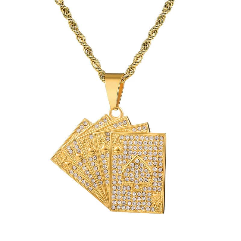 Хип хоп Iced out Bling золотого цвета для покера с сердцем из нержавеющей стали горный хрусталь яркие ожерелья и подвески для мужчин ювелирные изделия