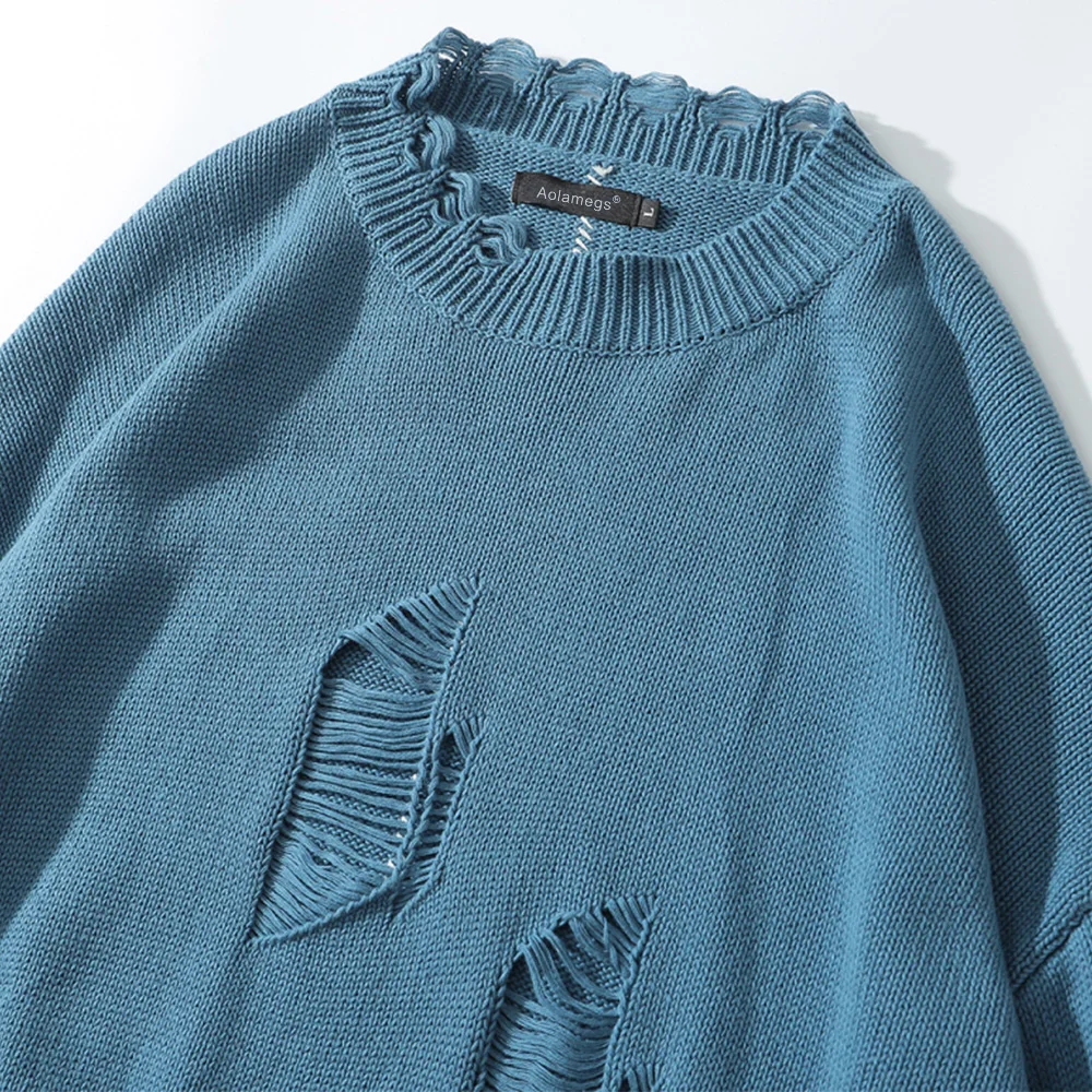 

Aolamegs Sweater Men Solid Color Hole Ripped Knitted Pullover Autumn Simple Loose Harajuku High Street Hipster Couple Streetwear