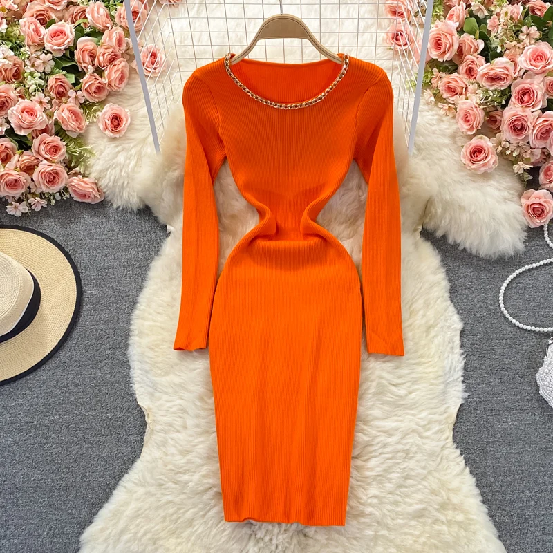

Autumn Winter Knit Mini Dress Women Slim Full Sleeve Solid Sheath Chain O-Neck Sweaters Dresses Elegant Base Clothing Female