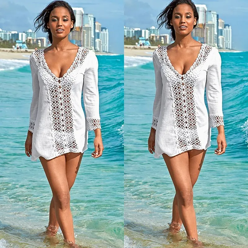 Летняя Сексуальная женская накидка кружевное вязаное бикини белая блузка