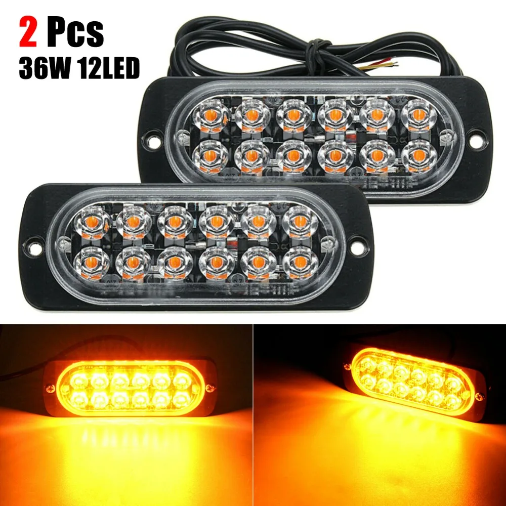 

2Pcs Amber 12 LED 36W 6500k Light Bar Car Truck Hazard Beacon Warning Lamp Grill Breakdown DC12V Amber Led Lamp Accessories