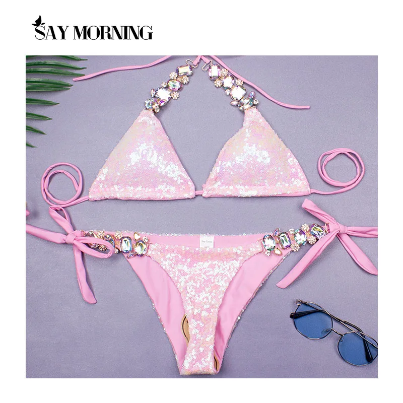 

SAY MORNING Crystal Diamond Bikini Sexy Women Rhinestone Swimsuit Halter Bandage Swimwear Beach wear Bling Sequin Bikini Set 202