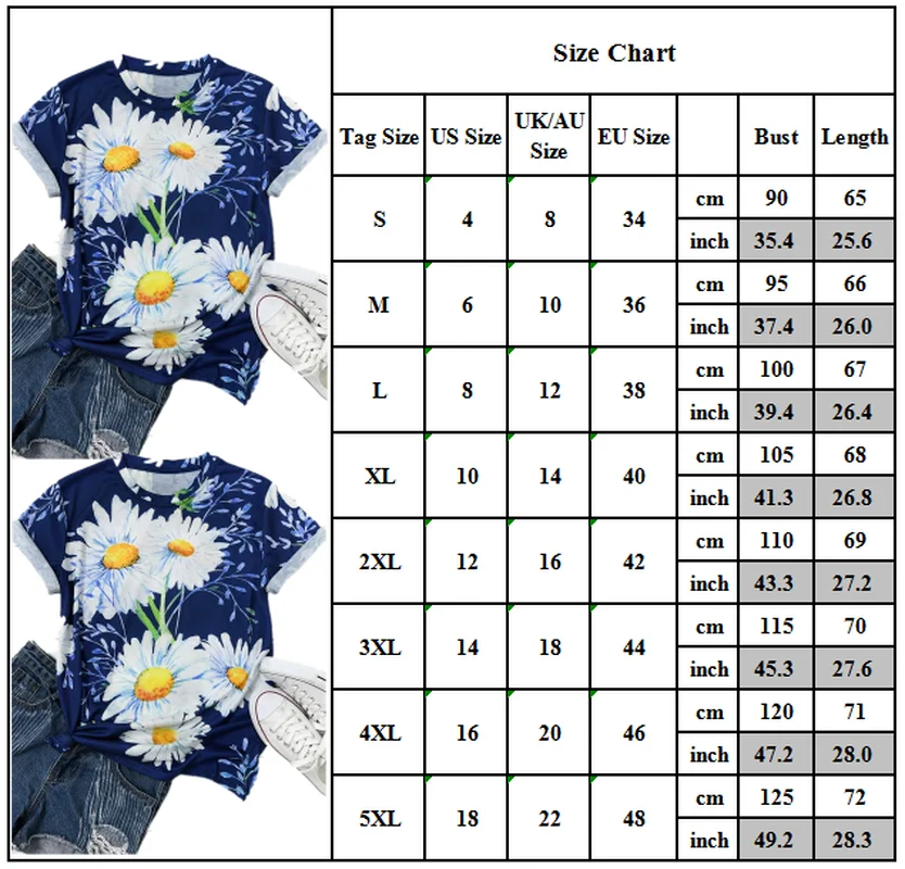 

Women Daisy Print T-Shirt Ladies Baggy Short Sleeve Blouse Loose Tee Plus Size