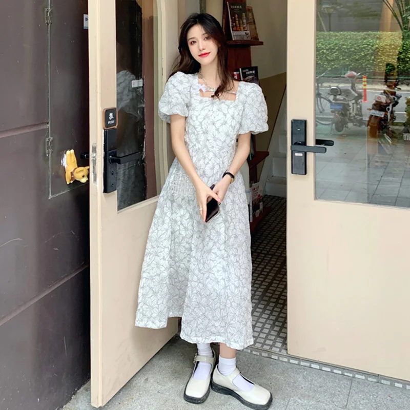 

French Square Neck Bubble Mouw Women's Dress Summer 2021 New Gentle Style Design Feeling Thin Temperament Long Smoke