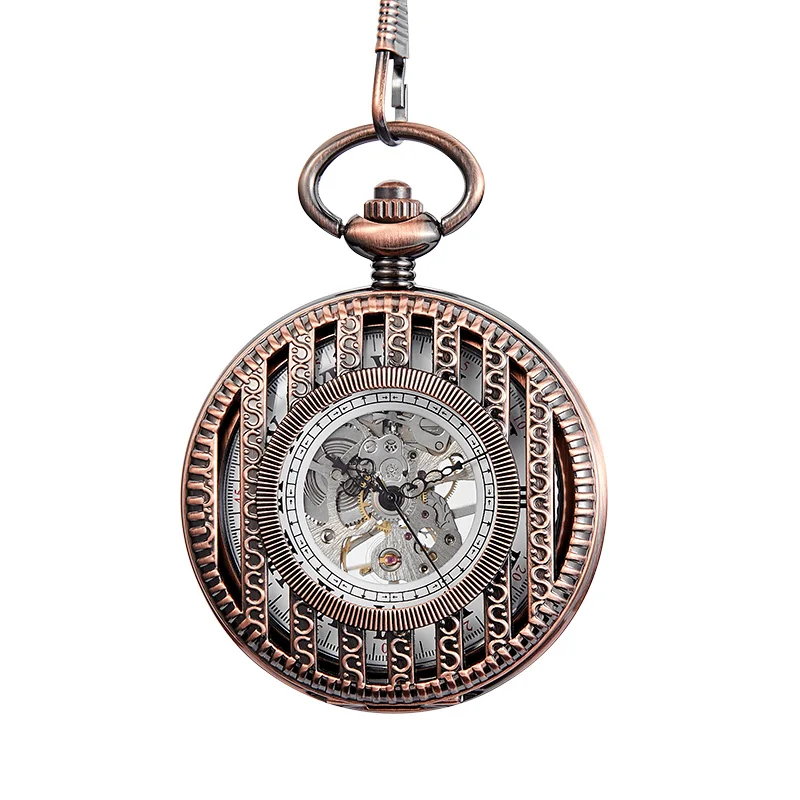 Hand-winding Mechanical Pocket Watch Men Women Fashion Roman Numerals Wood Hollow Fob Chain Steampunk Clock Skeleton Watch