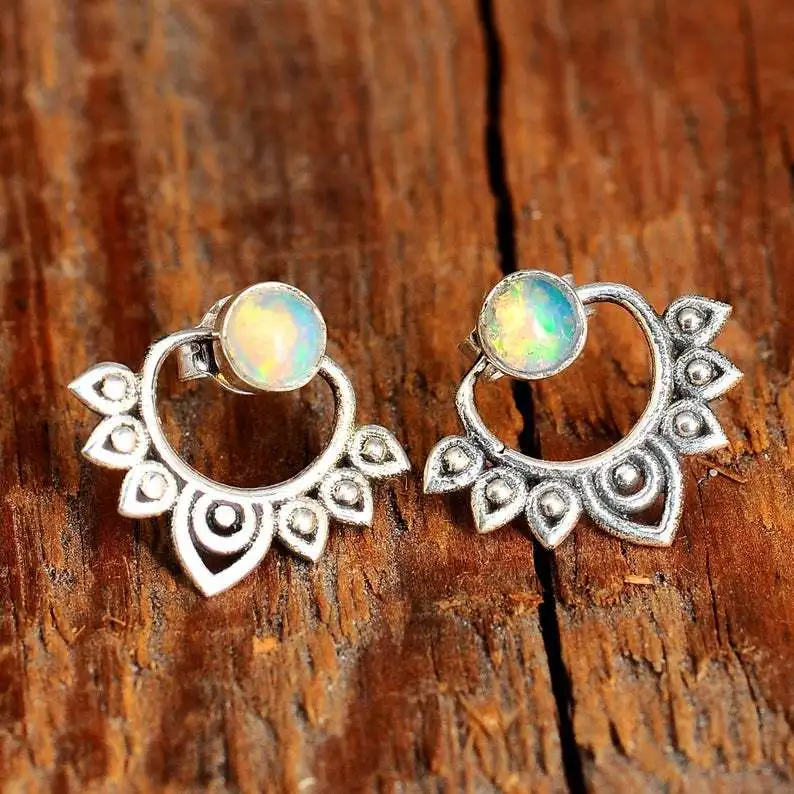 

2021 new earrings vintge bohemian opal opal earrings lady lotus clip-on front and rear combination dual-use earrings