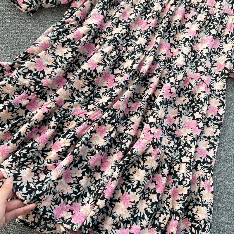 

Spring Autumn 2021 Women Floral Printed Midi Dress Casual Round Neck Lantern Long Sleeve Ruffle Vestidos Female Robe New Fashion