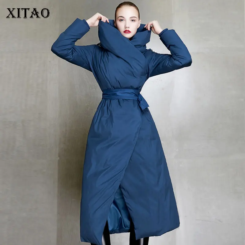 XITAO/большие размеры, с поясом, черный, синий цвет, пуховик, утолщенный, против холода, модный, с капюшоном, с карманом, Повседневный, подходит для всех зимы, новинка, GCC1497