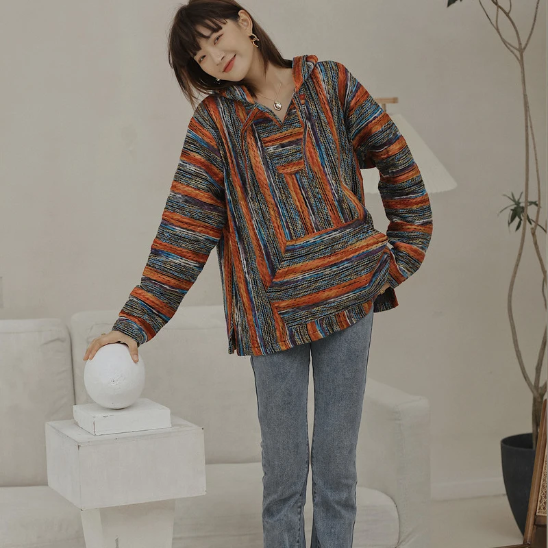 

Johnature New Bohemia Vintage Hooded Collar Loose Women Hoodies 2021 Spring Casual Striped Pullover Female Sweatshirts