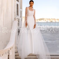 2021 sexy mermaid wedding gowns long sleeve boat neck soft satin detachable train for women vestidos de noiva custom made bridal