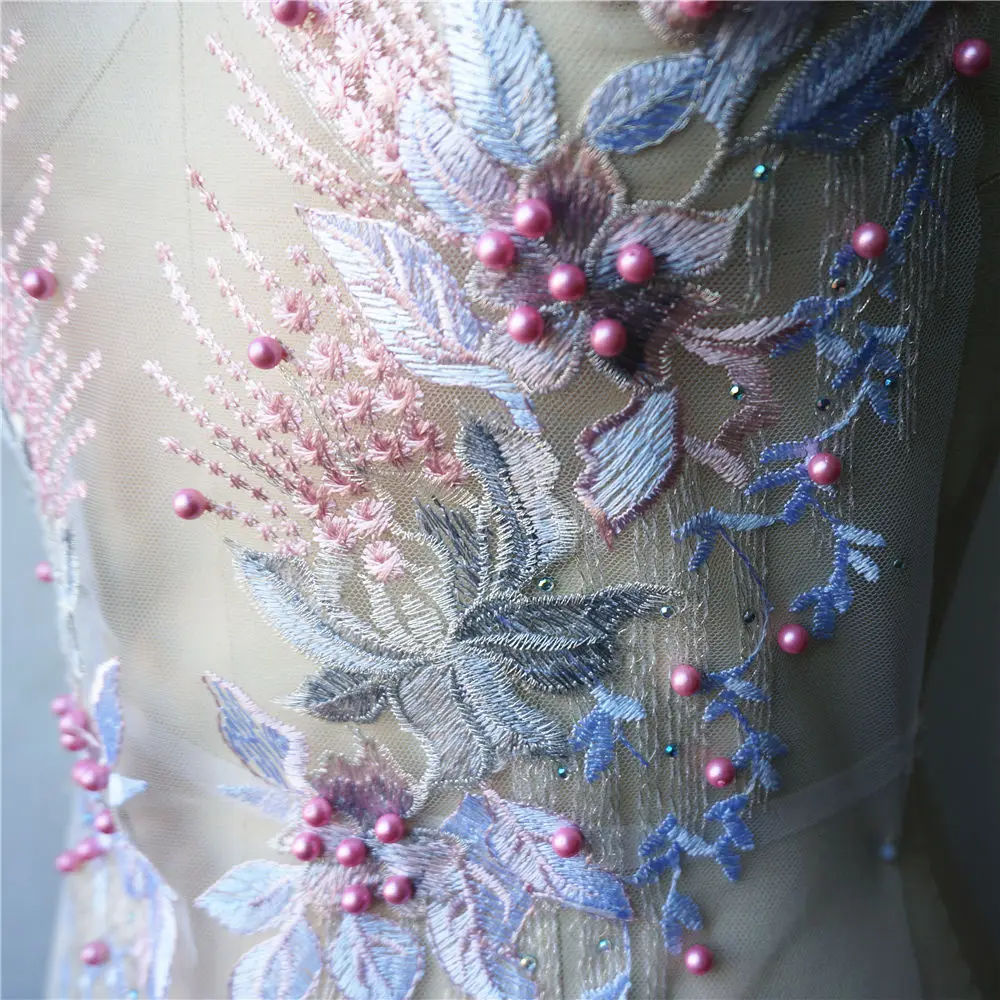 Розовые кружевные ткани цветы кисточки стразы вышивка Аппликации воротник сетка