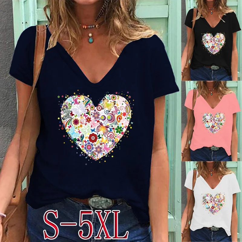 

Футболка женская с графическим принтом, Модный повседневный топ с коротким рукавом и глубоким V-образным вырезом, однотонный пуловер, топы, ...