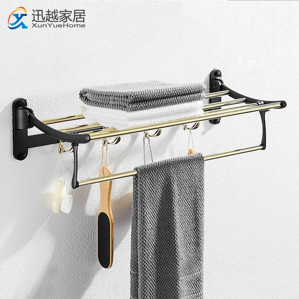 

Bath Towel Rack Black Gold Zinc Alloy Movable Holder Folding Shower Shelf Organizer Hook Wall Hanging Bathroom Drilling Pendant