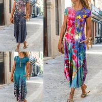 2021 hot sales fashion women dress round neck short sleeve pockets floral print loose maxi dress for party