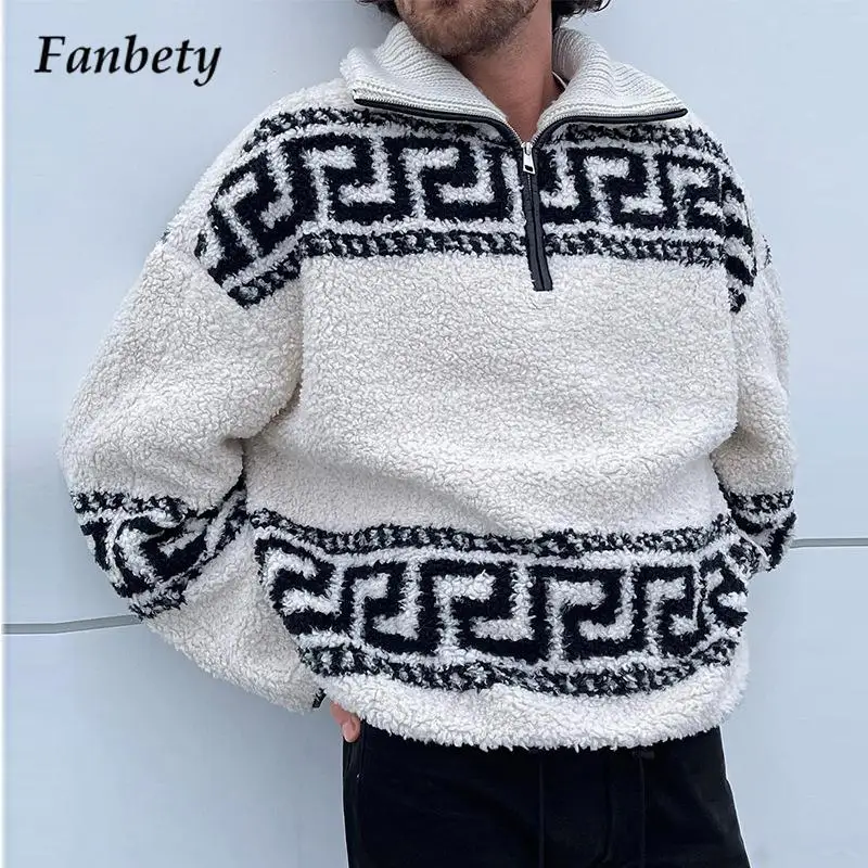 

2021 Men's Autumn Stand Collar Plush Pullover Casual Pattern Print Tops Fashion Zipper Hoodies Men Long Sleeve Loose Streetwear