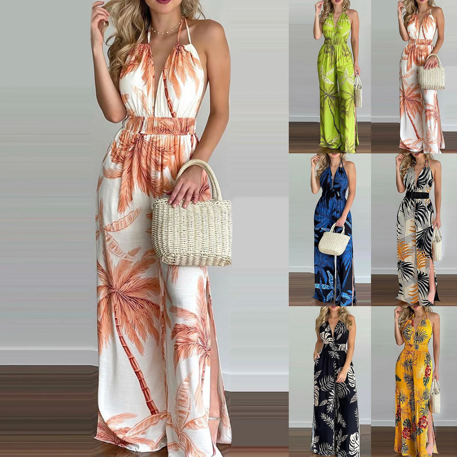 In the summer of 2021 the new Europe and the United States women's v-neck digital printing colorful jumpsuits women