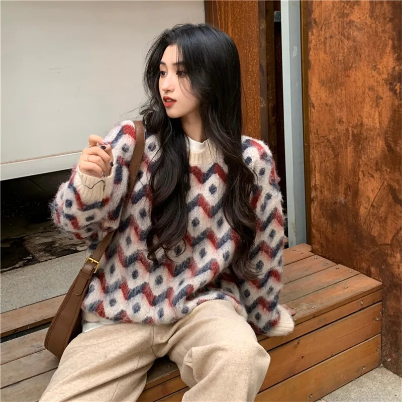 

2020 winter jacquard sweet chic retro sweater elegant termperament casual fashion pullovers loose oversize lazy style sweater